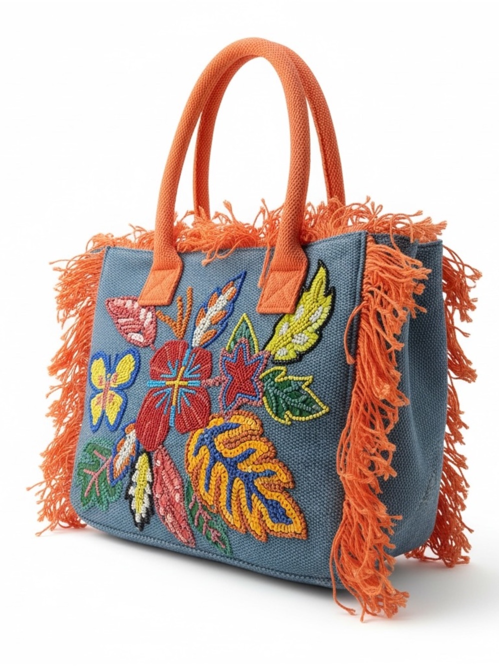America & Beyond Orange-Fringe Trim Beaded Floral Tote Bag - Picture 10 of 11